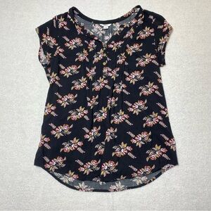 Sonoma Blouse Women’s M Black Floral V-Neck Short Sleeve Pleated Half Button Top